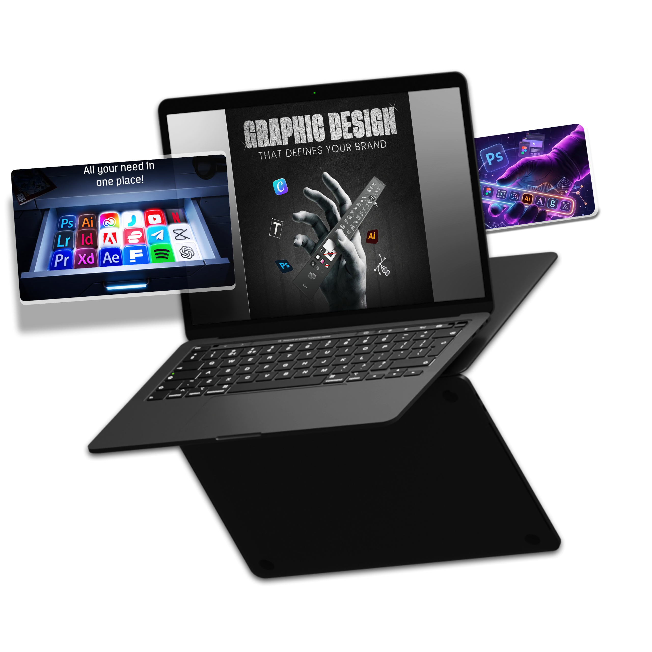 Graphic Design Services illustration showing laptop with creative design tools like Photoshop, Illustrator and other digital design software