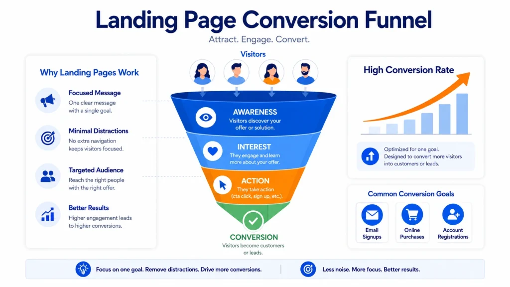 Digital marketing funnel illustration showing how a landing page drives higher conversion rates through focused design and single call-to-action