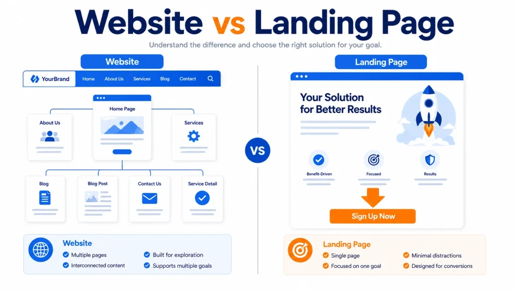 Infographic showing the structural difference between a multi-page website with navigation and a single focused landing page with CTA button