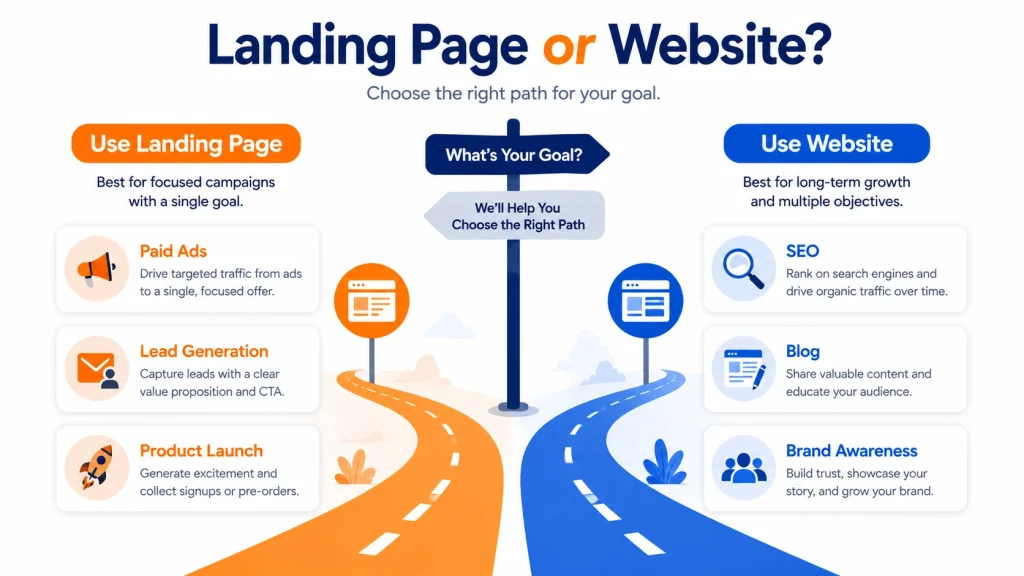 Decision guide illustration showing when to use a landing page for paid ads and lead generation versus a website for SEO and brand awareness